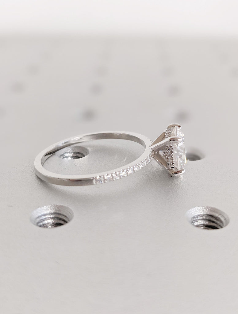 Lab Diamond Engagement Ring with Round Cut Center | Hidden Halo Setting | Half Eternity Pave Band | 14K White Gold Wedding Ring for Brides