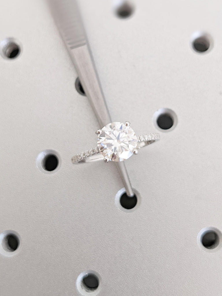 Lab Diamond Engagement Ring with Round Cut Center | Hidden Halo Setting | Half Eternity Pave Band | 14K White Gold Wedding Ring for Brides
