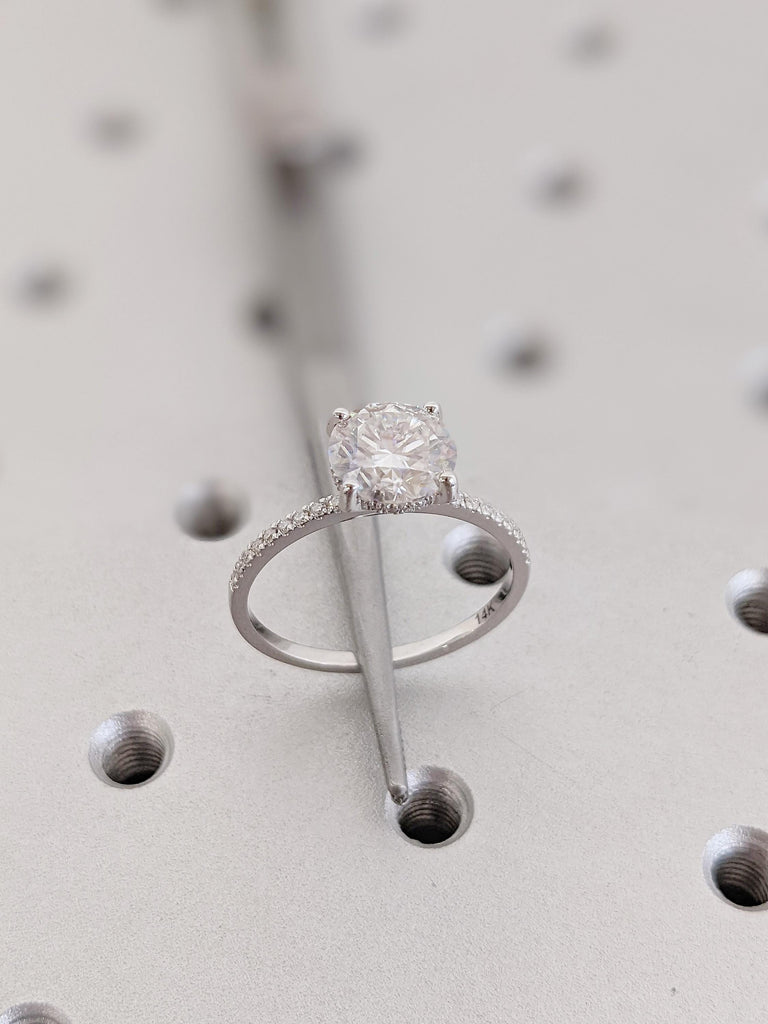Lab Diamond Engagement Ring with Round Cut Center | Hidden Halo Setting | Half Eternity Pave Band | 14K White Gold Wedding Ring for Brides