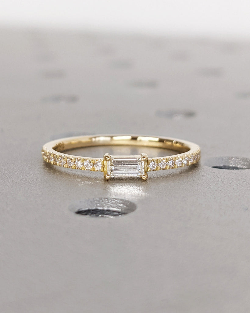 Solid Gold Baguette Cut Lab Grown Diamond Ring, 18K Yellow Gold Pavé Wedding Band, Dainty White Diamond Ring, Stackable Promise Ring For Her