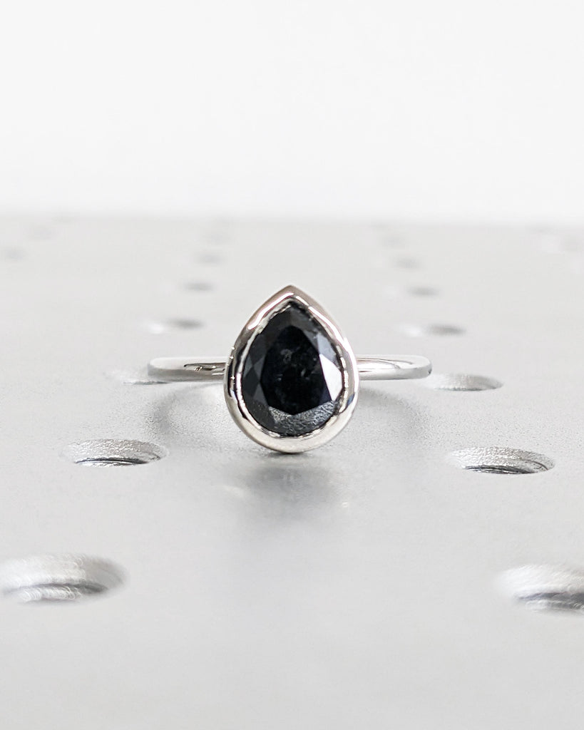 Pear Cut Bezel Set Ring, Vintage Salt and Pepper Diamond Wedding Ring, Solitaire Minimalist Ring, Platinum Engagement Ring