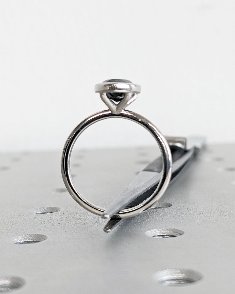 Pear Cut Bezel Set Ring, Vintage Salt and Pepper Diamond Wedding Ring, Solitaire Minimalist Ring, Platinum Engagement Ring
