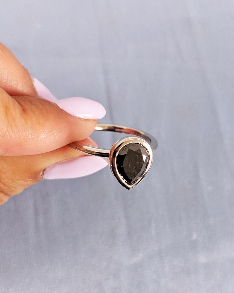 Pear Cut Bezel Set Ring, Vintage Salt and Pepper Diamond Wedding Ring, Solitaire Minimalist Ring, Platinum Engagement Ring