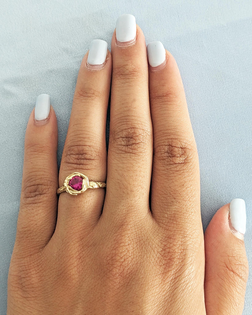 Red Ruby Flower Ring, Red Rose Ring, Round Lab Ruby Ring, Vintage Floral Ruby Ring, Nature Engagement Ring, 14K Yellow Gold