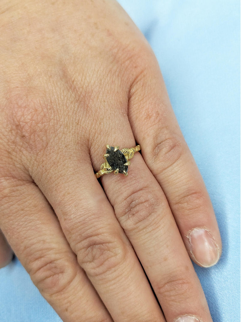 Salt and Pepper Diamond Ring, Floral Ring, 14k Solid Gold Ring, Marquise Engagement Ring