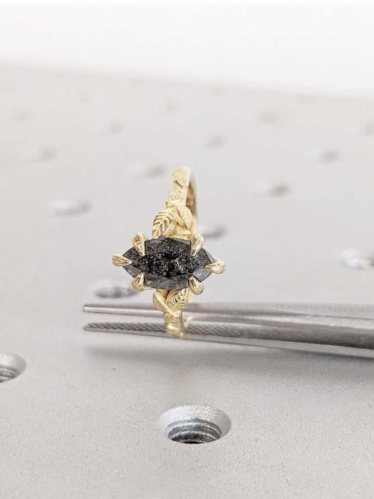 Salt and Pepper Diamond Ring, Floral Ring, 14k Solid Gold Ring, Marquise Engagement Ring