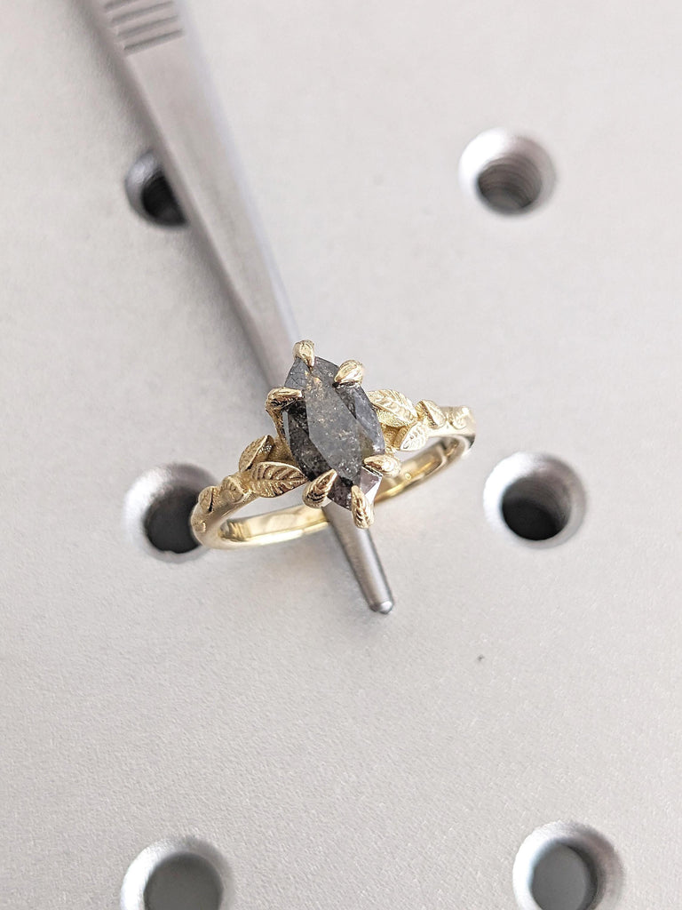 Salt and Pepper Diamond Ring, Floral Ring, 14k Solid Gold Ring, Marquise Engagement Ring
