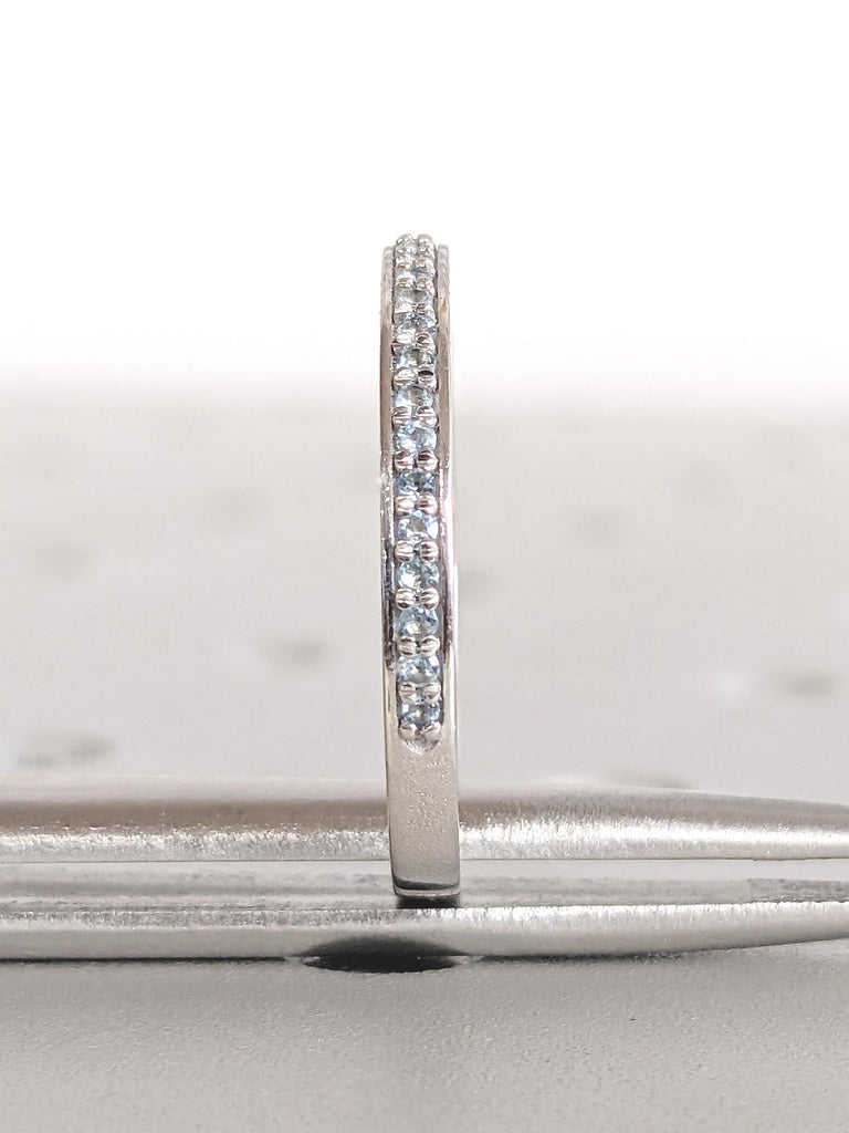 Half Eternity Blue Aquamarine Ring, 14k White Gold Wedding Band, Matching Ring, Stacking Ring
