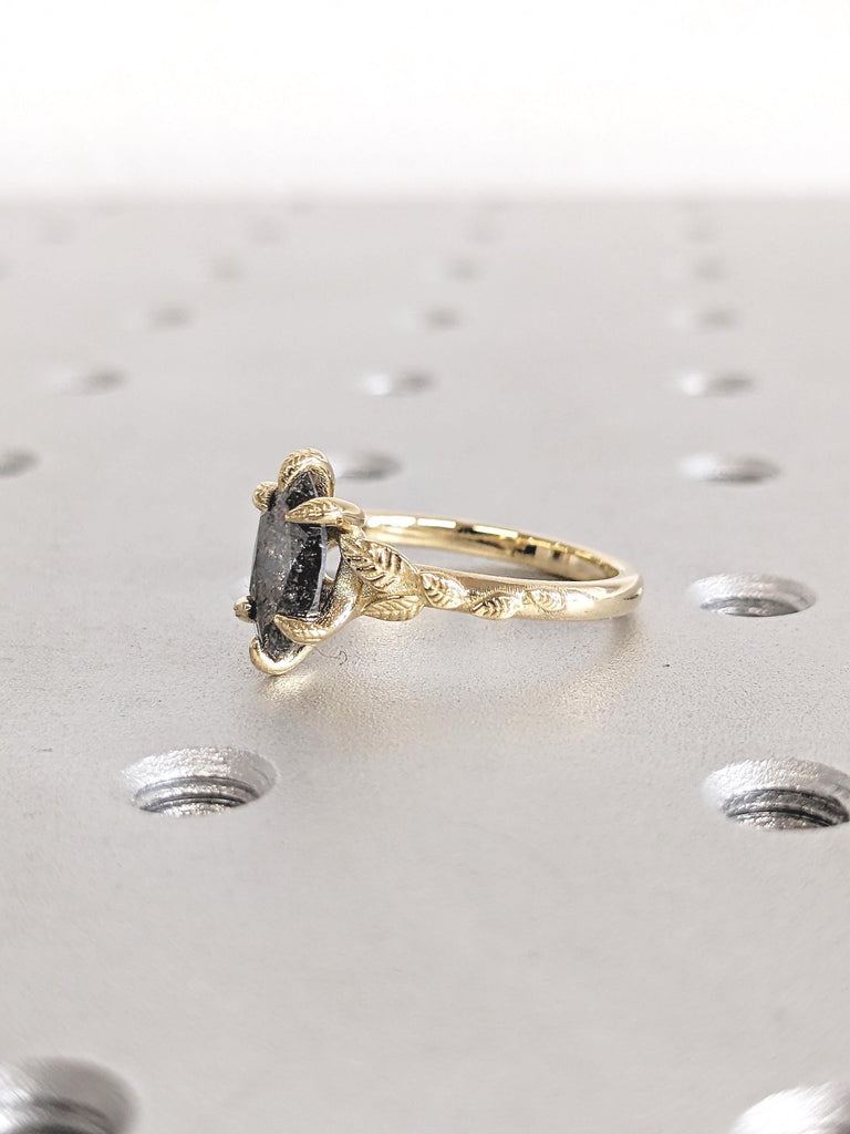 Salt and Pepper Diamond Ring, Floral Ring, 14k Solid Gold Ring, Marquise Engagement Ring