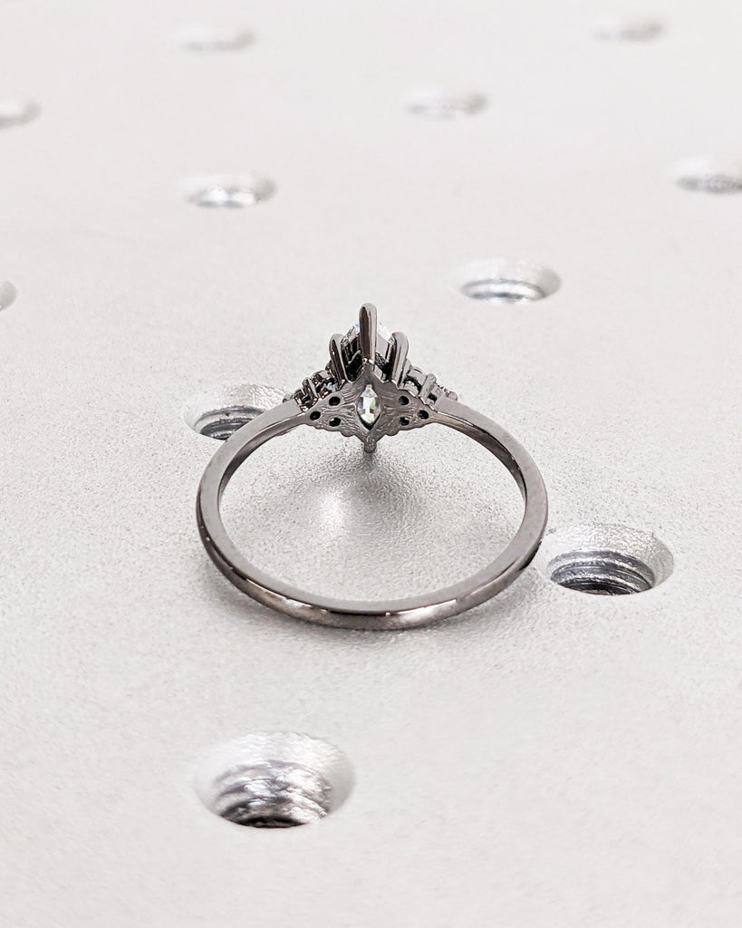 14K Black Gold Marquise Moissanite Engagement Ring, Art Deco Marquise Solitaire Promise Ring, Vintage Wedding Ring, Moissanite Cluster Ring