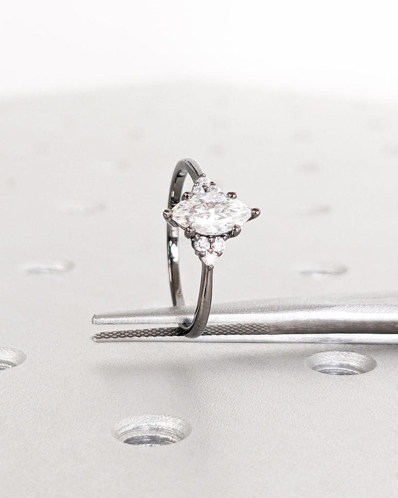 14K Black Gold Marquise Moissanite Engagement Ring, Art Deco Marquise Solitaire Promise Ring, Vintage Wedding Ring, Moissanite Cluster Ring image #6
