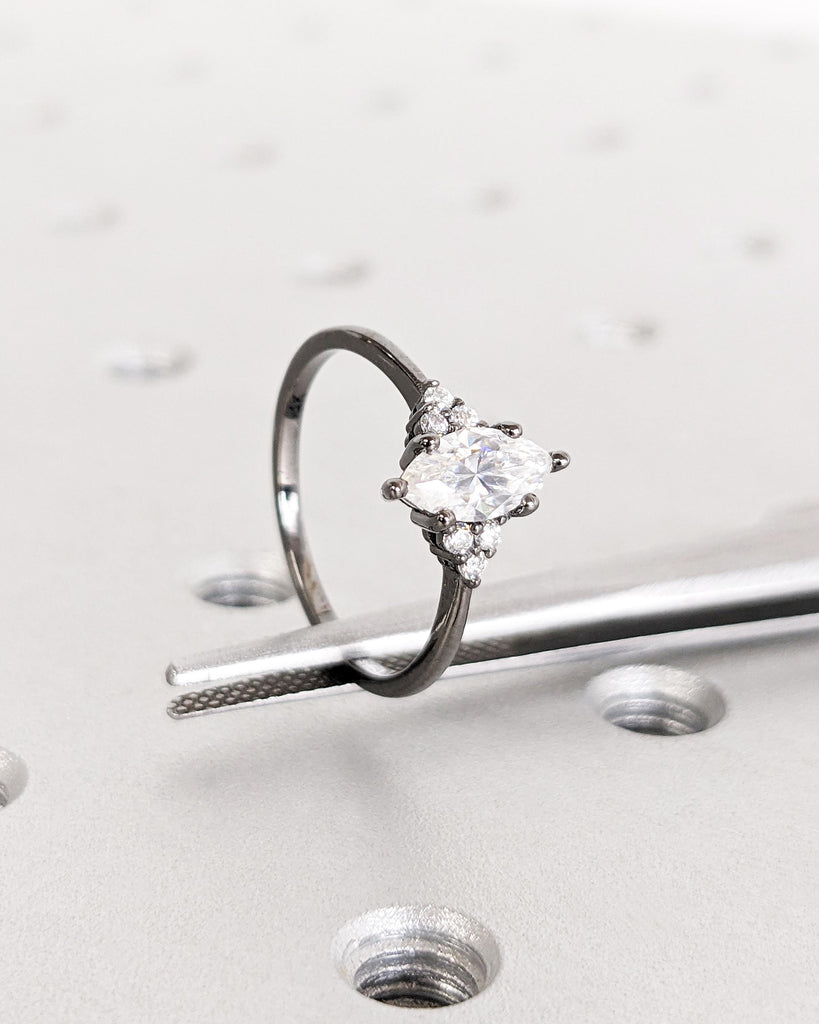 14K Black Gold Marquise Moissanite Engagement Ring, Art Deco Marquise Solitaire Promise Ring, Vintage Wedding Ring, Moissanite Cluster Ring image #5