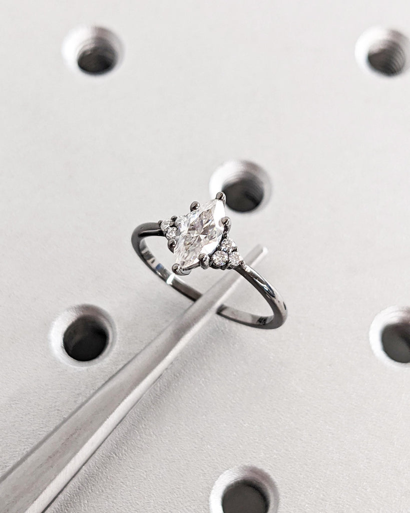 14K Black Gold Marquise Moissanite Engagement Ring, Art Deco Marquise Solitaire Promise Ring, Vintage Wedding Ring, Moissanite Cluster Ring