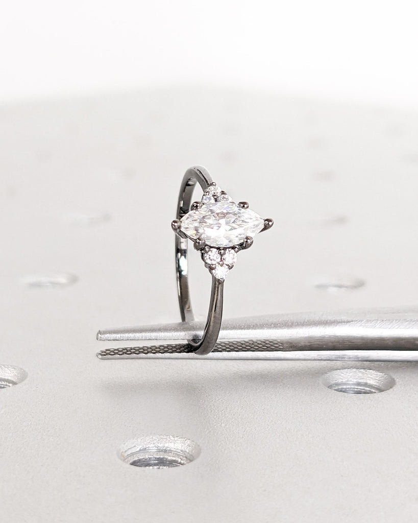 Marquise Lab Diamond Engagement Ring | 14K Black Gold Vintage Marquise Solitaire Ring | Classic Promise Ring | Dainty Bridal Ring for Women