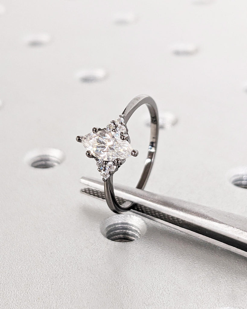 Marquise Moissanite Engagement Ring in 14K Black Gold, Art Deco Marquise Cut Moissanite Solitaire Promise Ring, Vintage Wedding Ring, Moissanite Cluster Ring