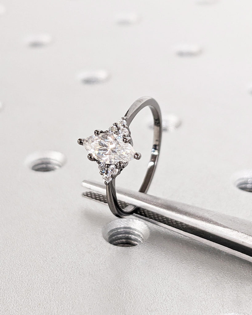 Marquise Moissanite Engagement Ring in 14K Black Gold, Art Deco Marquise Cut Moissanite Solitaire Promise Ring, Vintage Wedding Ring, Moissanite Cluster Ring
