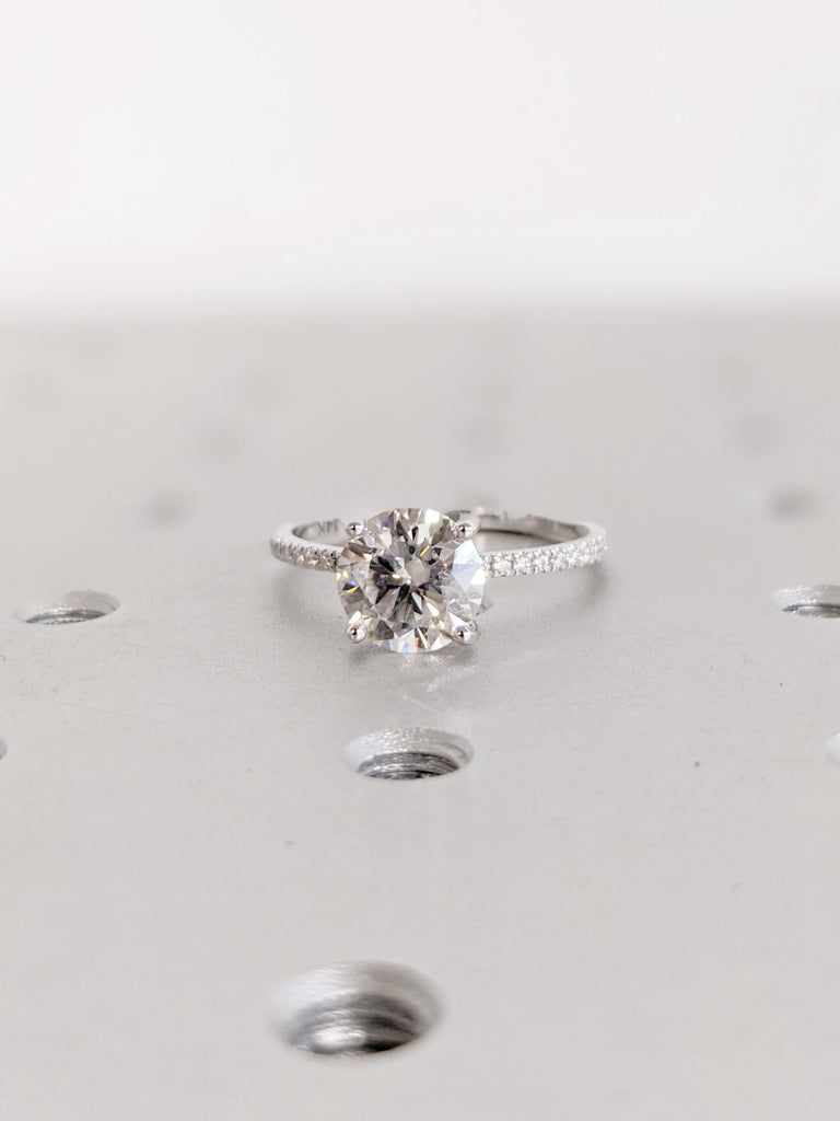 Lab Diamond Engagement Ring with Round Cut Center | Hidden Halo Setting | Half Eternity Pave Band | 14K White Gold Wedding Ring for Brides