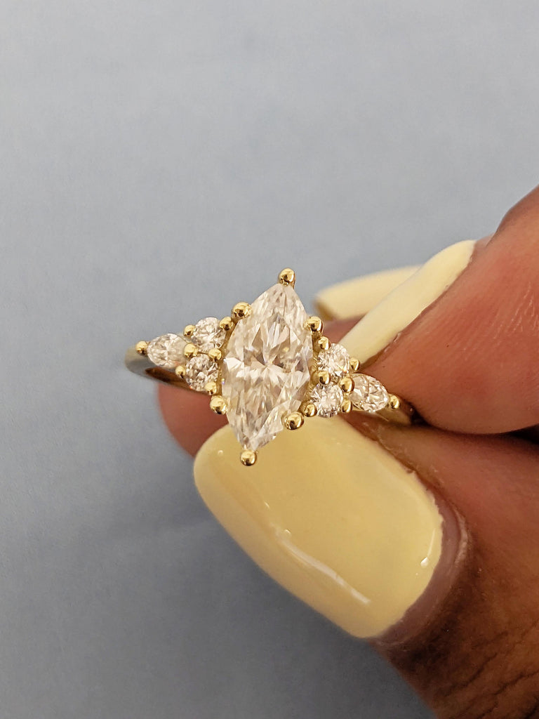 Marquise Moissanite Ring, Art Deco Moissanite Engagement Ring, 14k Solid Gold Ring, Round, Marquise Cut Diamond Cluster Ring, Gift for Mom image #7