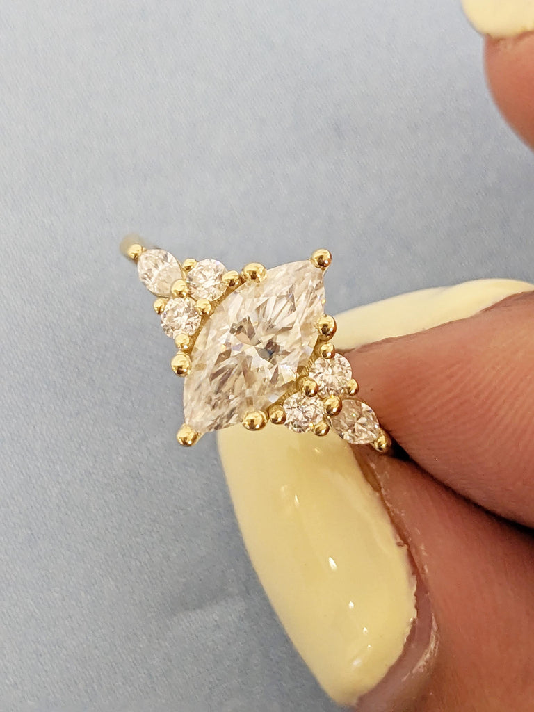 Marquise Cut Diamond Engagement Ring, Art Deco Lab Grown Diamond Ring, 14k Solid Gold Round Marquise Cluster Ring, Statement Rings for Women