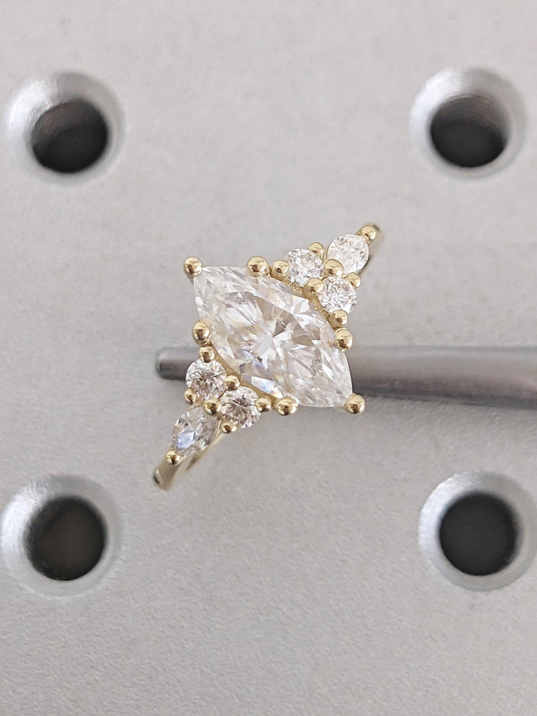 Marquise Moissanite Ring, Art Deco Moissanite Engagement Ring, 14k Solid Gold Ring, Round, Marquise Cut Diamond Cluster Ring, Gift for Mom image #1