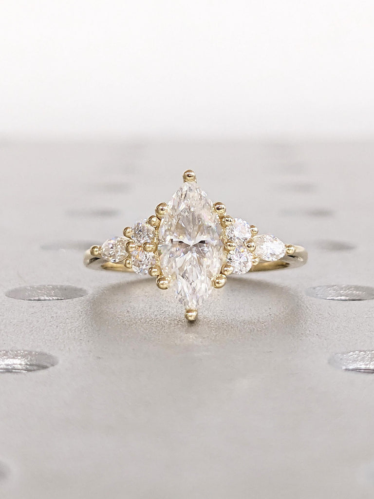 Marquise Moissanite Ring, Art Deco Moissanite Engagement Ring, 14k Solid Gold Ring, Round, Marquise Cut Diamond Cluster Ring, Gift for Mom