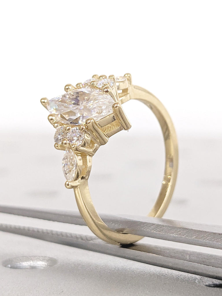 Marquise Cut Diamond Engagement Ring, Art Deco Lab Grown Diamond Ring, 14k Solid Gold Round Marquise Cluster Ring, Statement Rings for Women