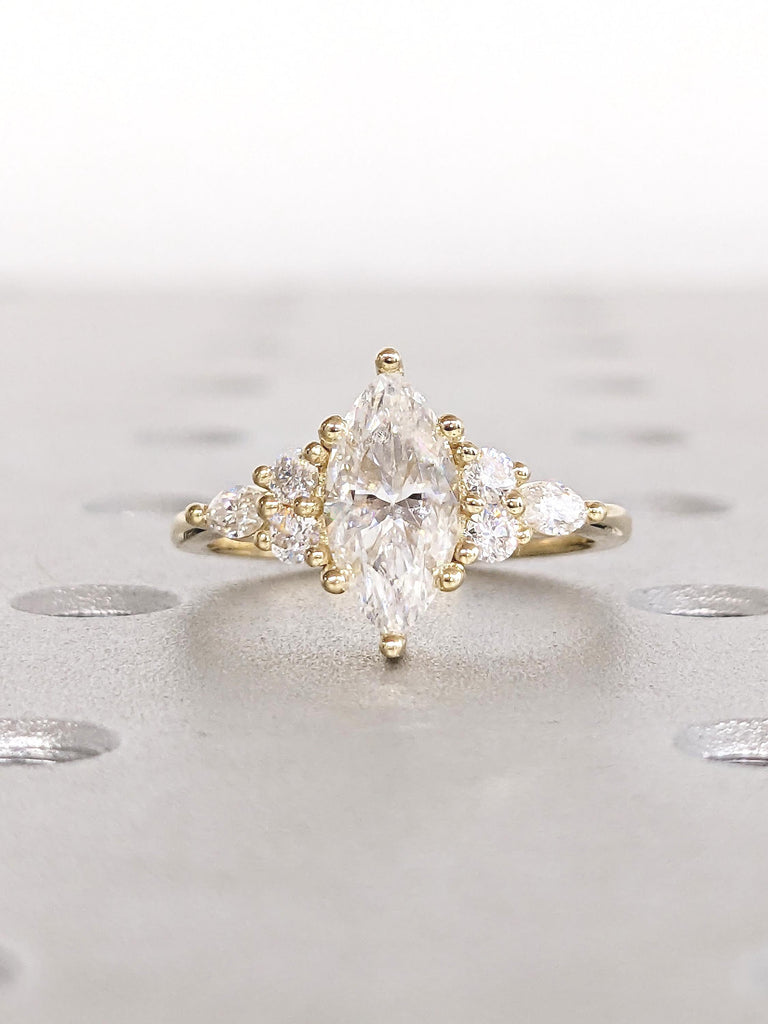 Unique Engagement Ring, 1ct Lab Diamond Ring, 14k Solid Gold Statement Ring, Wedding Anniversary Gift for Her, Marquise Ring, Cluster Ring