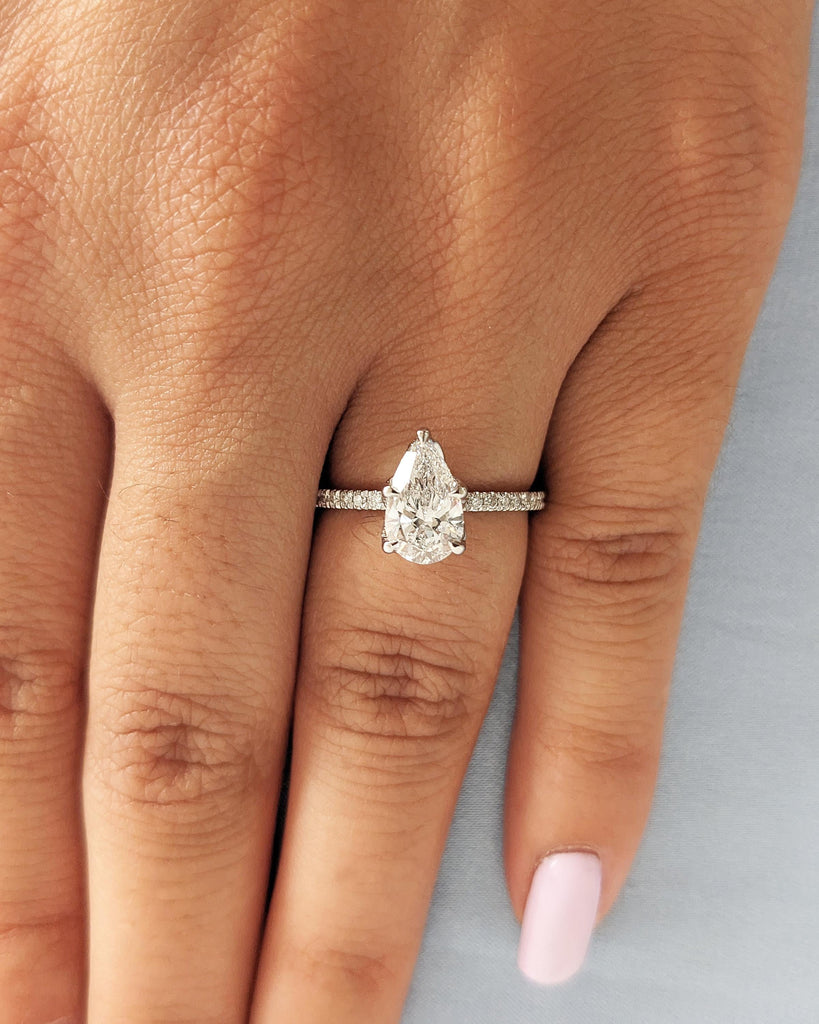 Pear Engagement Ring - Tulip Basket Prongs Moissanite Ring - Round Accent Diamonds Wedding Ring - Nature Promise Ring - 14K White Gold Ring