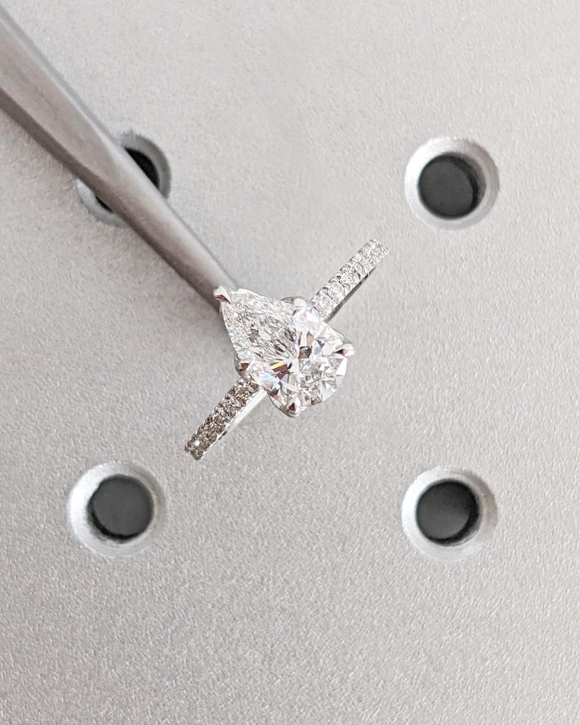 Pear Moissanite Ring, Dainty 14k White Gold Engagement Ring, Moissanite Half Eternity Ring, Gold Promise Ring for Her, Birthday Gift for Her