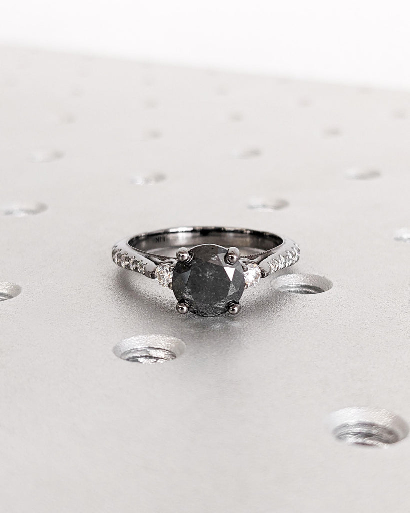 Unique Salt and Pepper Engagement Ring, Round Diamond Vintage Engagement Ring, Moissanite, Two Tone Gold Ring, Black Rose White Yellow Gold