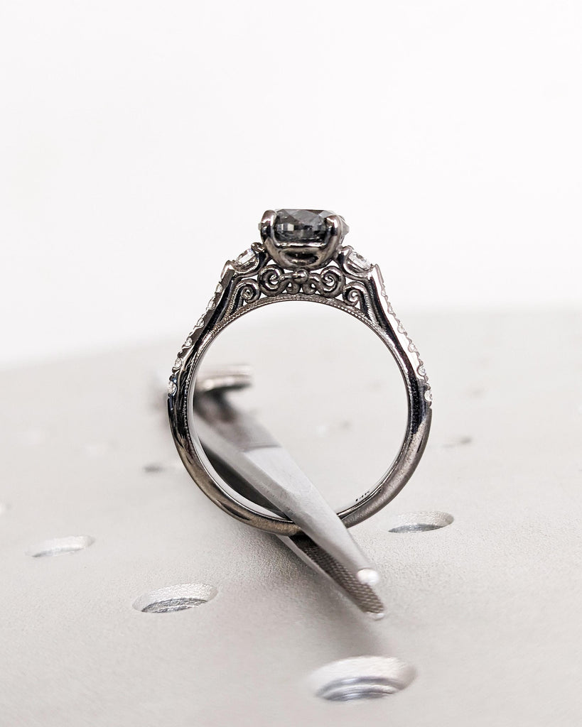 Unique Salt and Pepper Engagement Ring, Round Diamond Vintage Engagement Ring, Moissanite, Two Tone Gold Ring, Black Rose White Yellow Gold