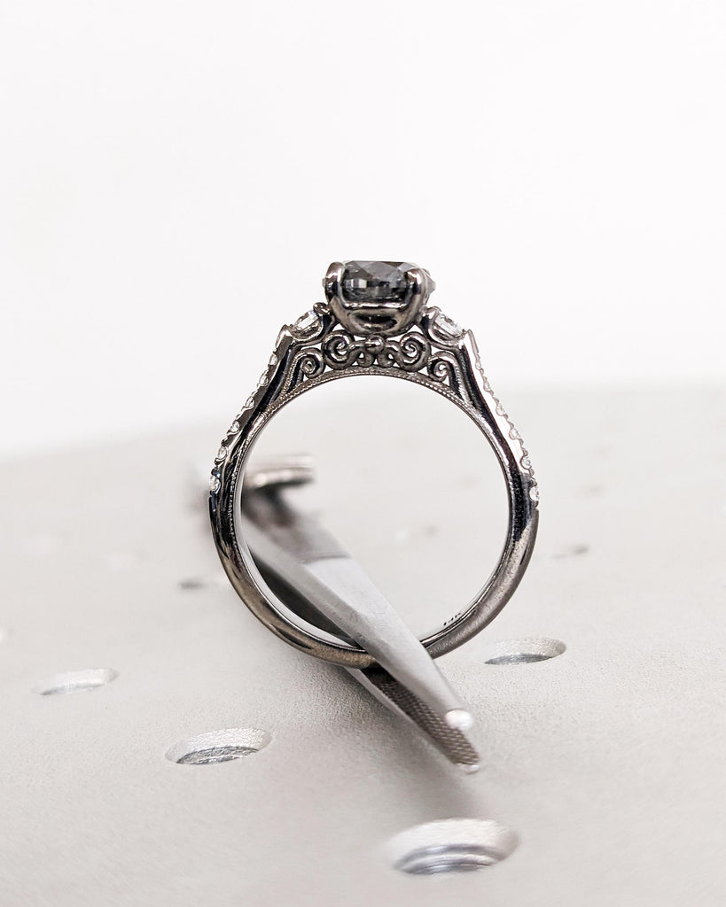 Unique Art Deco Diamond Engagement Ring, Salt and Pepper Round Diamond Ring 14K Gold Two Tone Ring Black Gold Ring, Moissanite Half Eternity