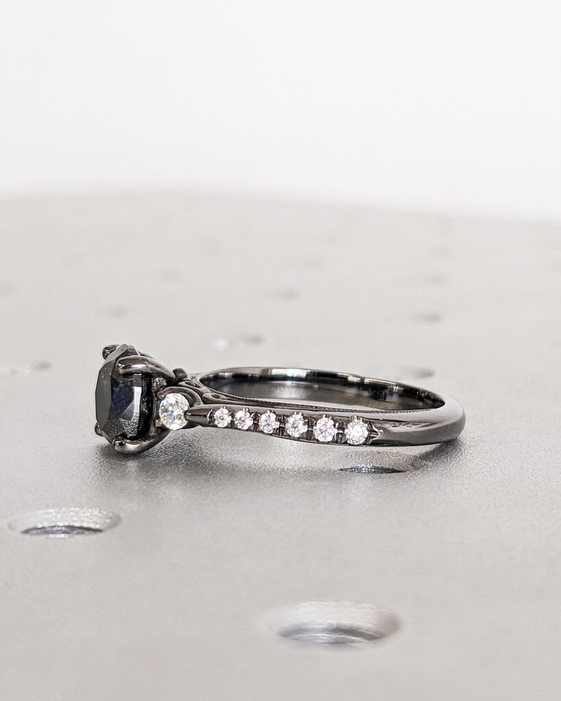 Unique Salt and Pepper Engagement Ring, Round Diamond Vintage Engagement Ring, Moissanite, Two Tone Gold Ring, Black Rose White Yellow Gold