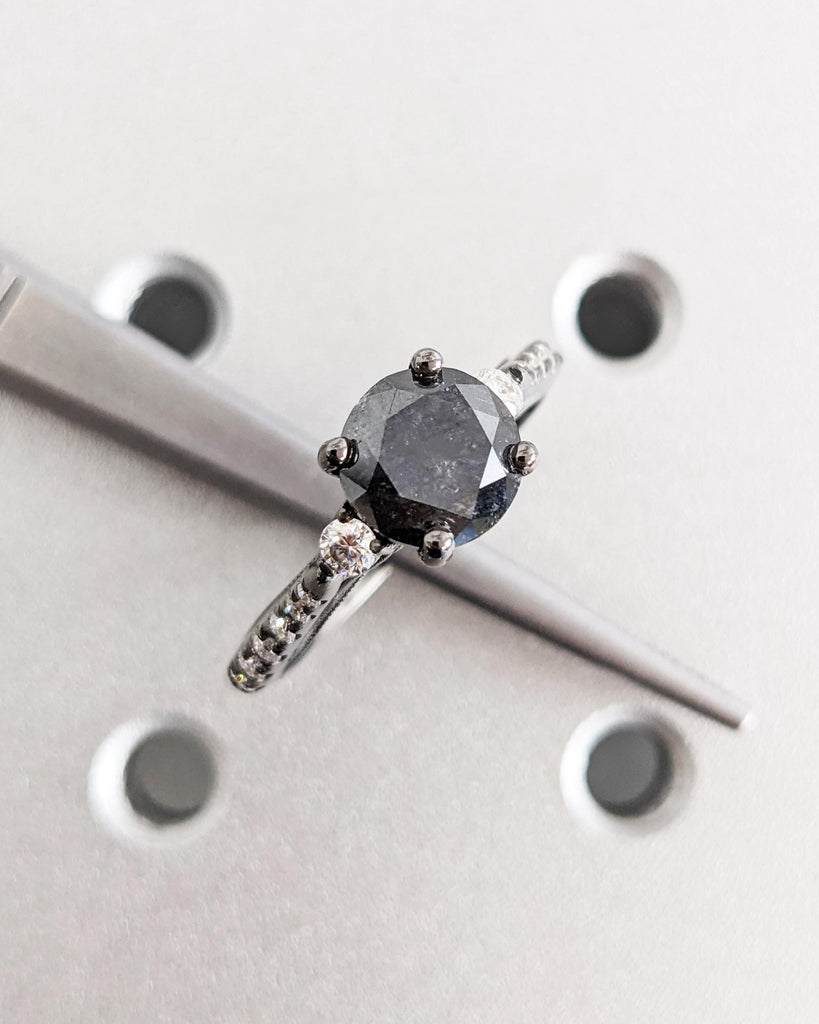Unique Salt and Pepper Engagement Ring, Round Diamond Vintage Engagement Ring, Moissanite, Two Tone Gold Ring, Black Rose White Yellow Gold