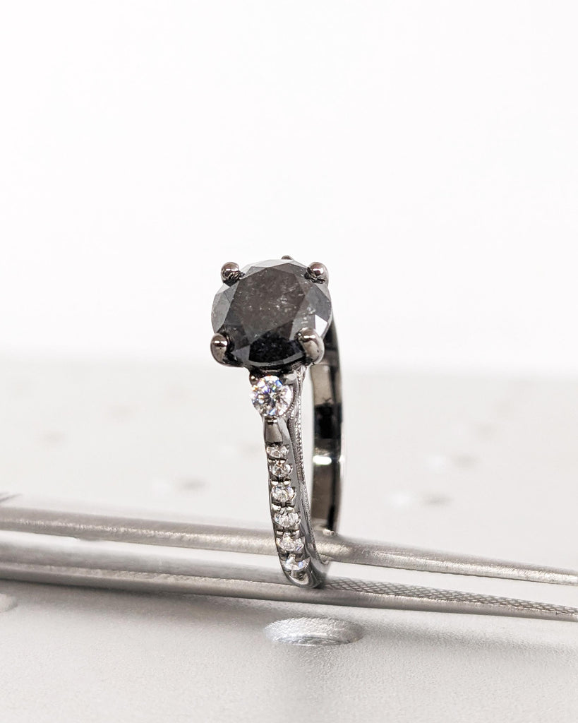 Unique Salt and Pepper Engagement Ring | Round Cut Vintage Engagement Ring | Two Tone Gold Diamond Ring | Black Yellow Rose White Solid Gold