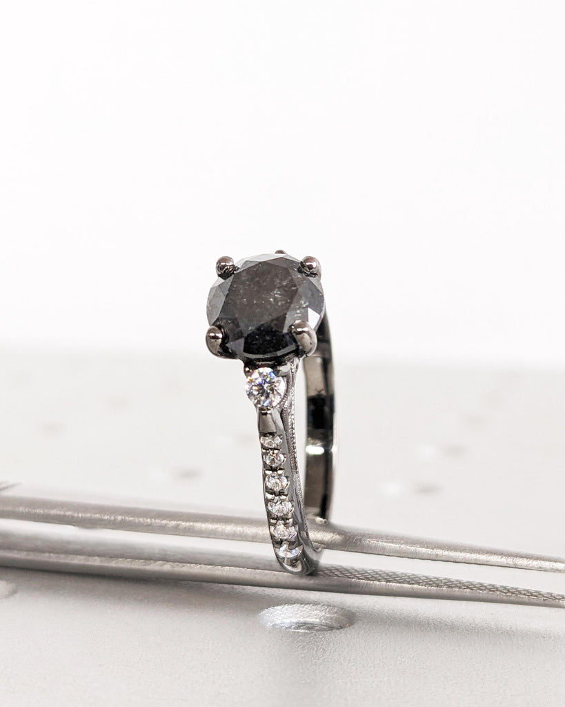 Unique Salt and Pepper Engagement Ring, Round Diamond Vintage Engagement Ring, Moissanite, Two Tone Gold Ring, Black Rose White Yellow Gold
