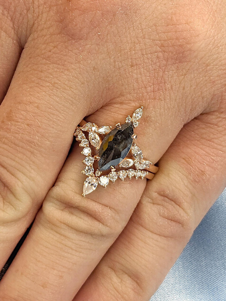 Marquise Diamond Bridal Set, Natural Black Diamond Engagement Ring with Tiara Wedding Band, Anniversary Gift, Vintage Inspired Wedding Set