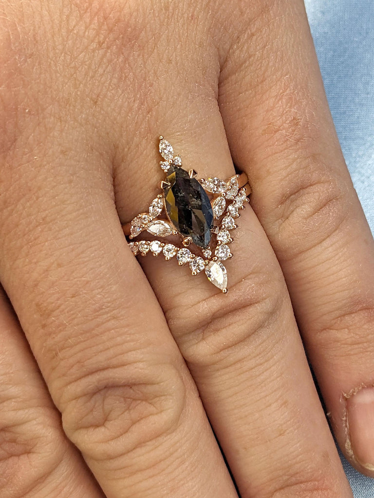 Marquise Cut Salt and Pepper Diamond Wedding Ring for Women | 14k 18k Rose Gold Vintage Engagement Ring Set | Black Diamond Bridal Ring Set image #10