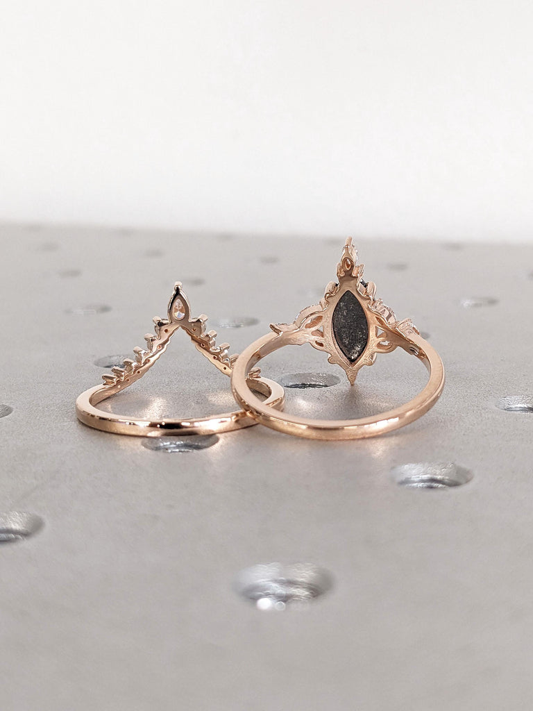 Vintage Diamond Engagement Ring Set | 1-2ct Salt and Pepper Diamond Promise Ring | 14k Solid Gold Marquise cut Ring | Curve Wedding Band image #5