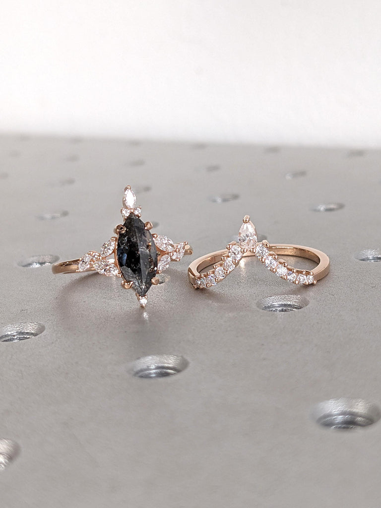 Marquise cut Natural Salt and Pepper Diamond Engagement Ring Set | Vintage Bridal Set | Rose Gold Unique Engagement Ring | Women Curved Diamond Wedding Promise Ring
