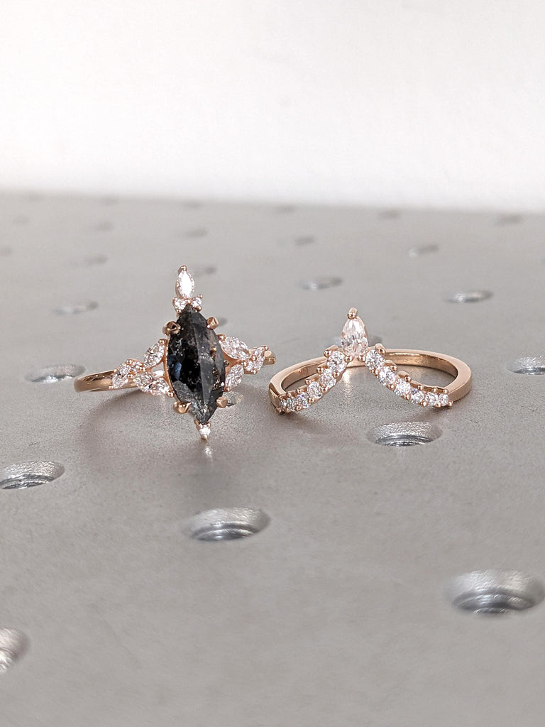 Marquise cut Natural Salt and Pepper Diamond Engagement Ring Set | Vintage Bridal Set | Rose Gold Unique Engagement Ring | Women Curved Diamond Wedding Promise Ring