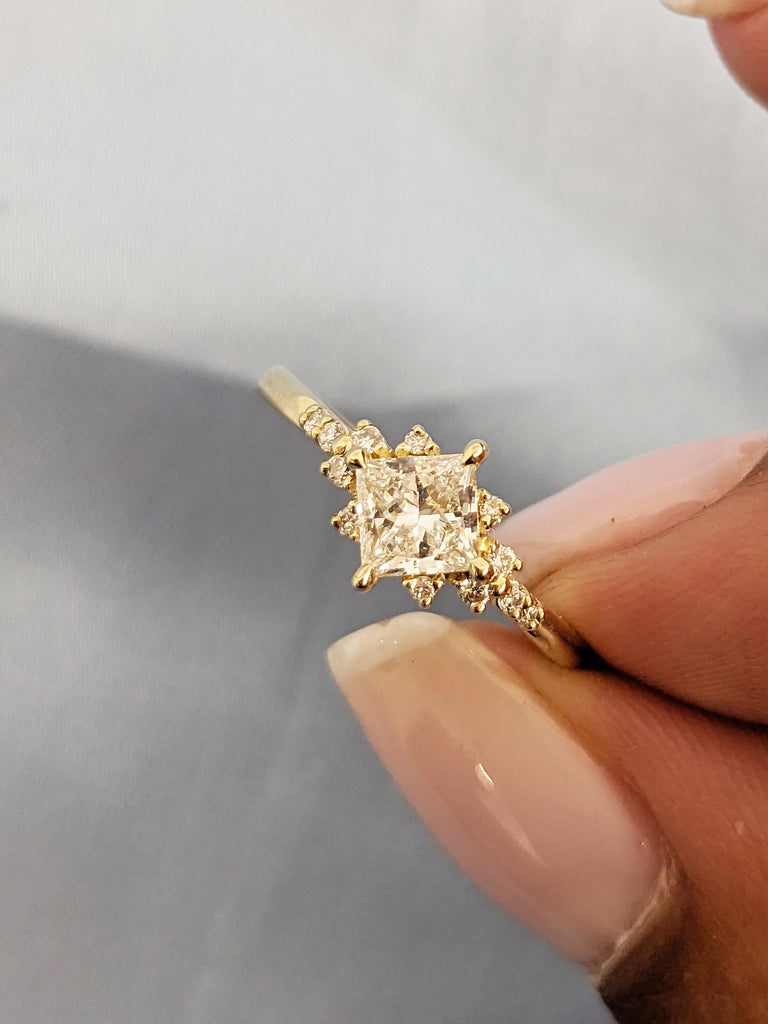 Unique Moissanite Ring for Her, Women's Ring, 14k Gold Princess Cut Ring, Colorless Moissanite Cluster Ring, Proposal Ring, Starburst Ring