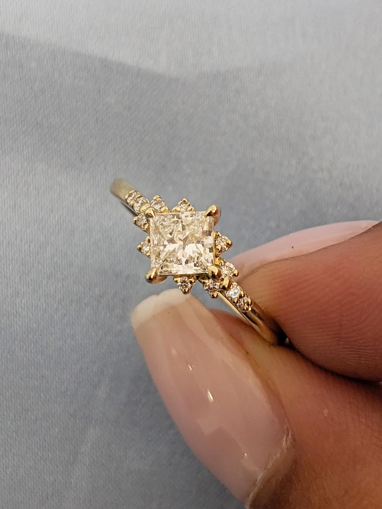 Princess Cut Moissanite Engagement Ring, Art Deco 14k Yellow Gold Wedding Ring, Starburst Moissanite Ring, Promise Ring, Bridal Gift for Her