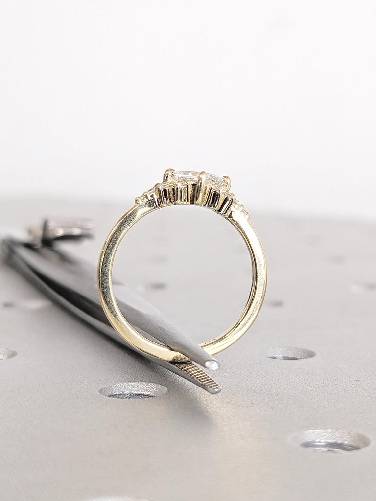Princess Cut Moissanite Engagement Ring, Art Deco 14k Yellow Gold Wedding Ring, Starburst Moissanite Ring, Promise Ring, Bridal Gift for Her