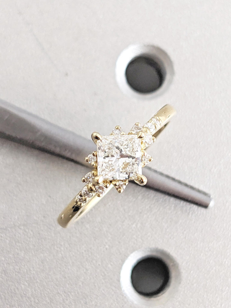Princess Cut Moissanite Engagement Ring, Art Deco 14k Yellow Gold Wedding Ring, Starburst Moissanite Ring, Promise Ring, Bridal Gift for Her image #1