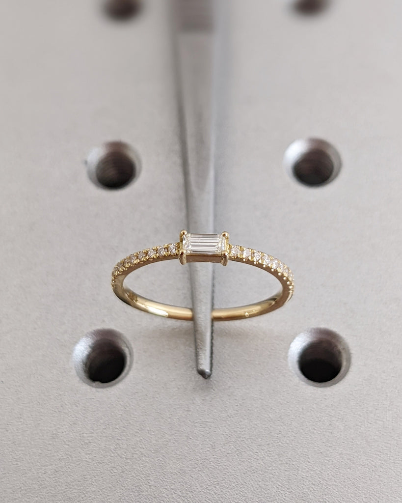 18K Yellow Gold Natural Diamond Ring, Brilliant Baguette Cut Diamond Engagement Ring, Custom Pavé White Diamond Band, Dainty Promise Ring