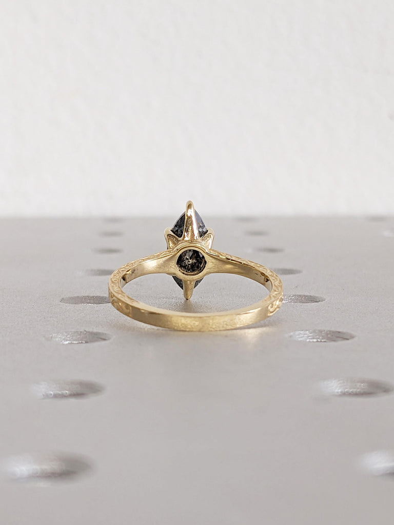 Marquise Salt and Pepper Diamond Engagement Ring, Filigree 18k Solid Gold Ring, Solitaire Ring