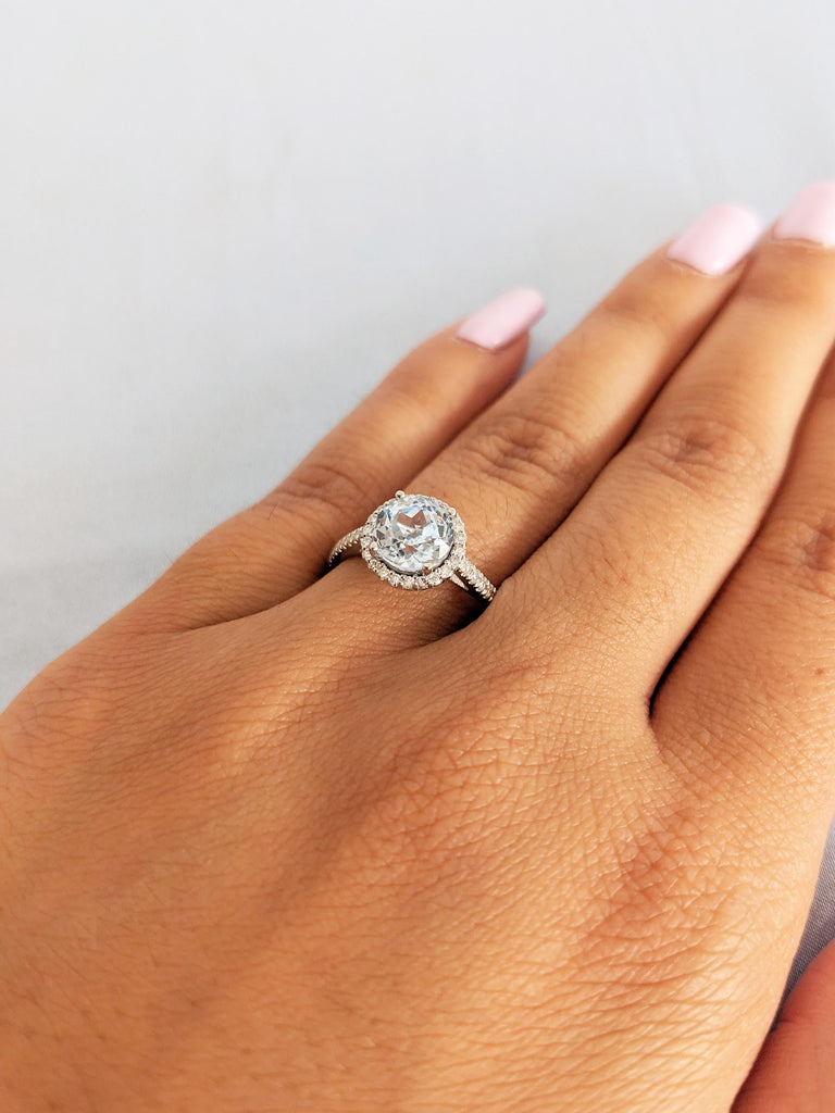 Aquamarine Ring, White Gold Ring, Diamond Halo Engagement Ring, Diamond Half Eternity Ring, Comfort Fit Ring, Lab Aquamarine Promise Ring