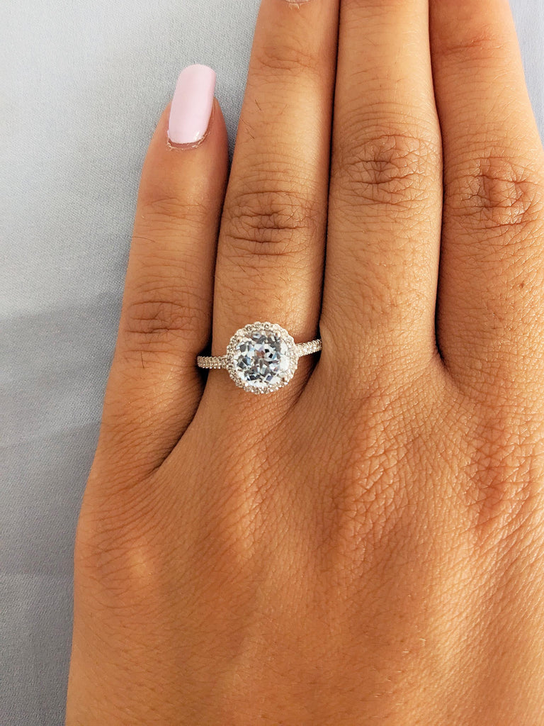 Round Lab Aquamarine Ring, Halo Engagement Ring, Comfort Fit 14k White Gold Half Eternity Ring