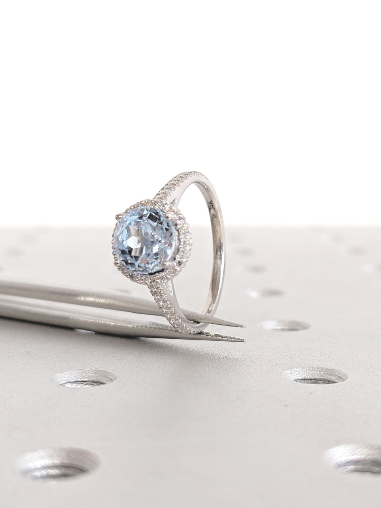 Aquamarine Ring, White Gold Ring, Diamond Halo Engagement Ring, Diamond Half Eternity Ring, Comfort Fit Ring, Lab Aquamarine Promise Ring